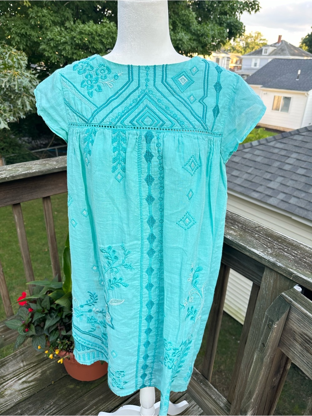 Johnny Was Workshop Aqua Blue Embroidered Willow Petal Tunic Dress Small Boho